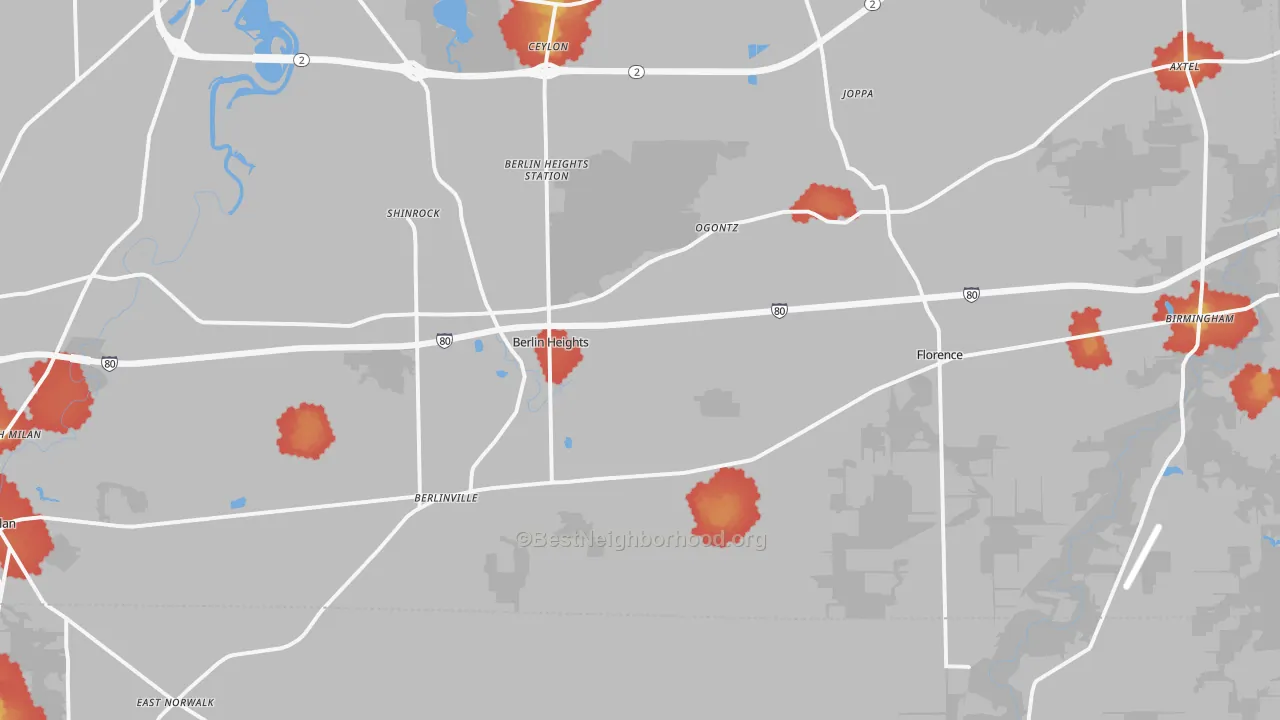 Walk Grade map of Berlin Heights, OH, walkable areas in green and car-dependent areas in red