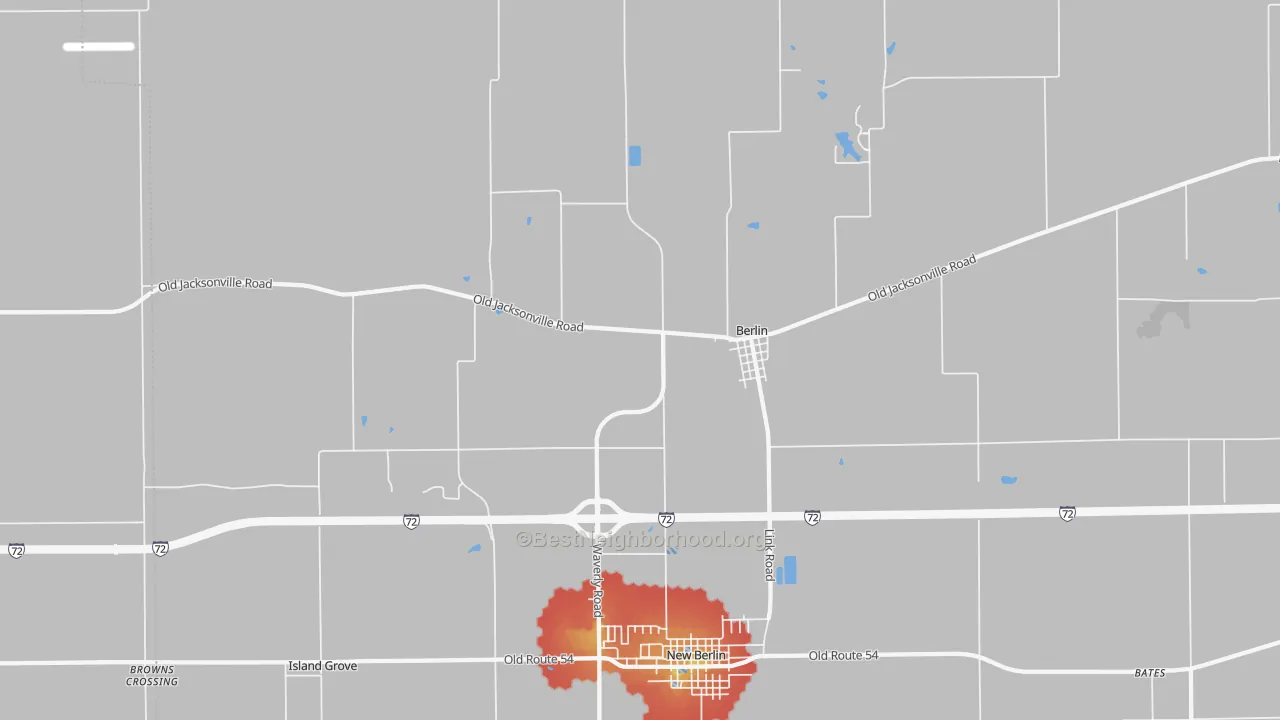 Walk Grade map of Berlin, IL, walkable areas in green and car-dependent areas in red
