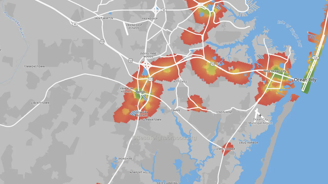 Walk Grade map of Berlin, MD, walkable areas in green and car-dependent areas in red