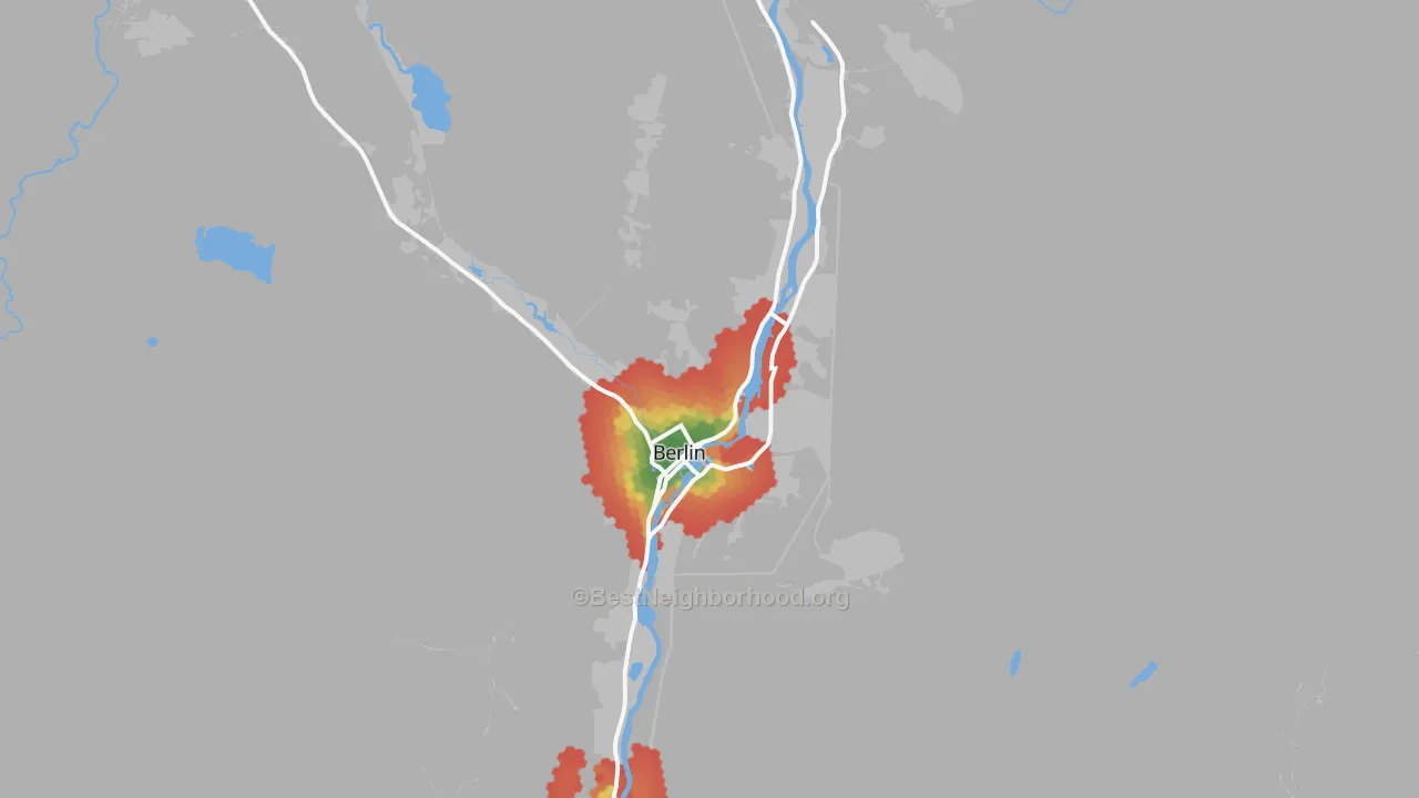 Walk Grade map of Berlin, NH, walkable areas in green and car-dependent areas in red