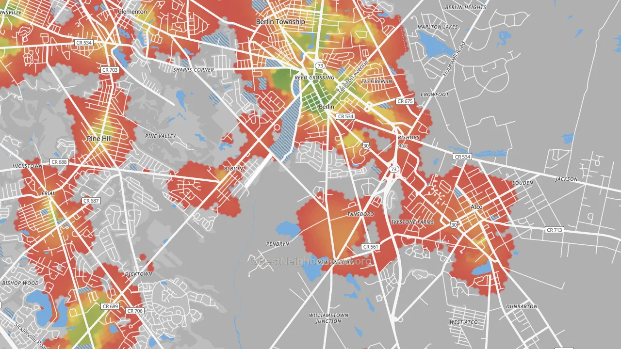 Walk Grade map of Berlin, NJ, walkable areas in green and car-dependent areas in red