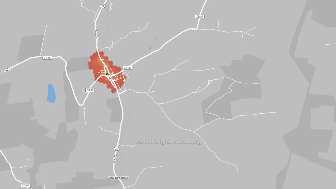 Walk Grade map of Berlin, NY, walkable areas in green and car-dependent areas in red