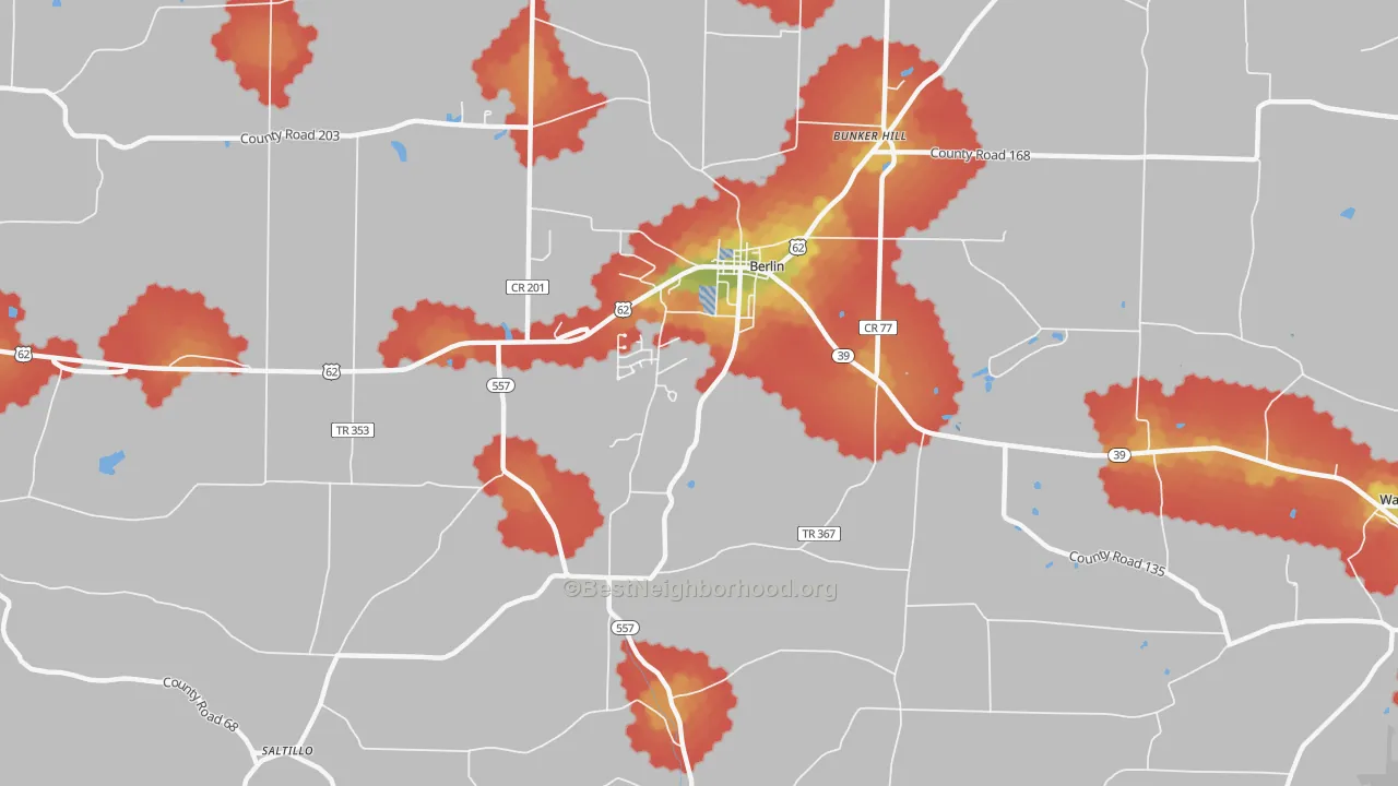 Walk Grade map of Berlin, OH, walkable areas in green and car-dependent areas in red