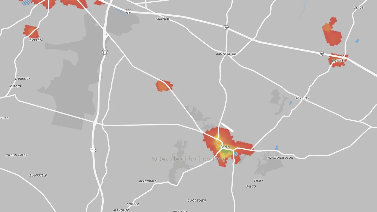Walk Grade map of Berlin, PA, walkable areas in green and car-dependent areas in red