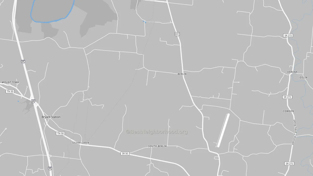 Walk Grade map of Berlin, TN, walkable areas in green and car-dependent areas in red