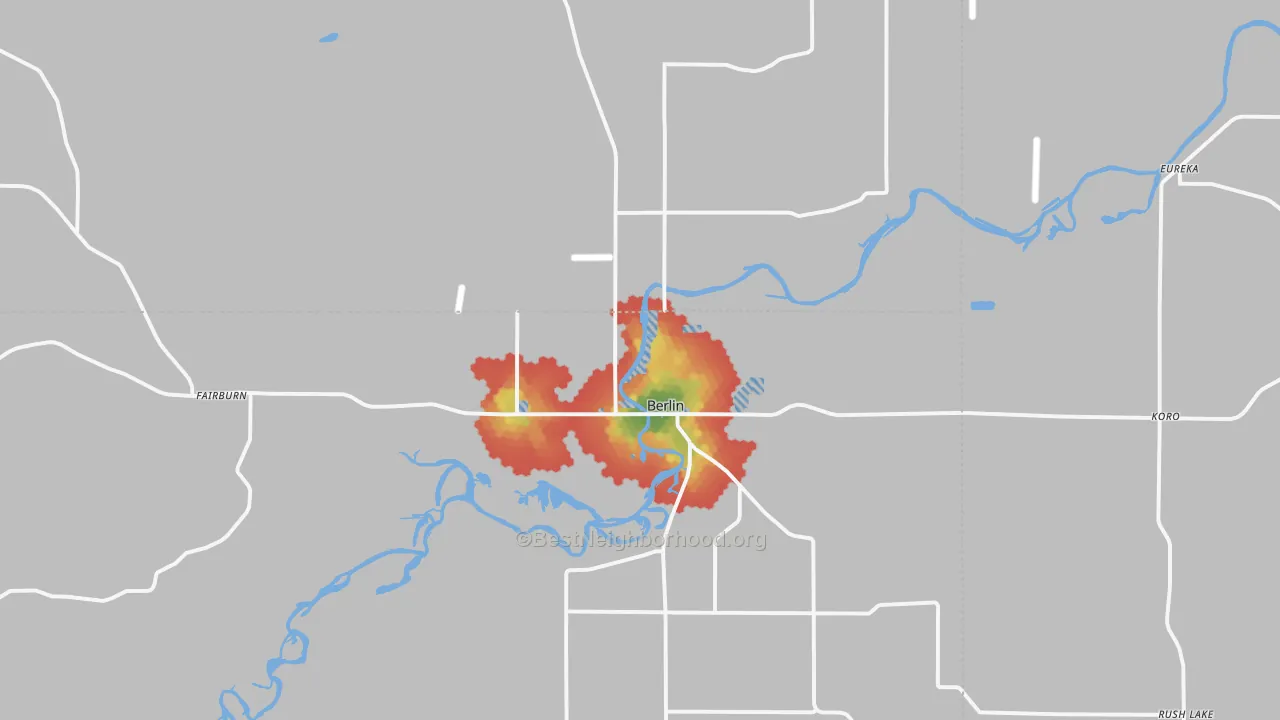 Walk Grade map of Berlin, WI, walkable areas in green and car-dependent areas in red