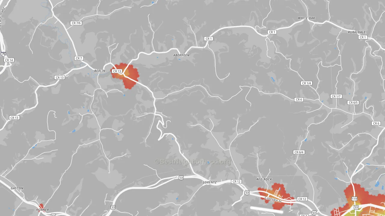 Walk Grade map of Berlin, WV, walkable areas in green and car-dependent areas in red