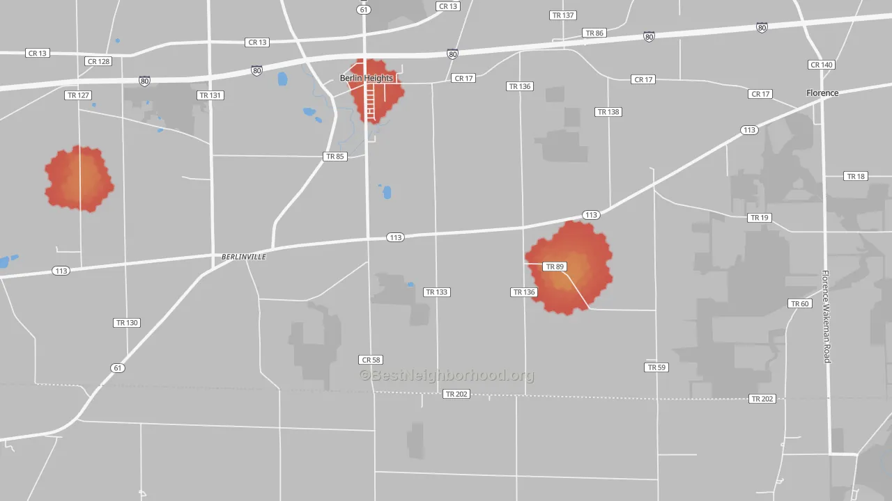 Walk Grade map of Berlinville, OH, walkable areas in green and car-dependent areas in red