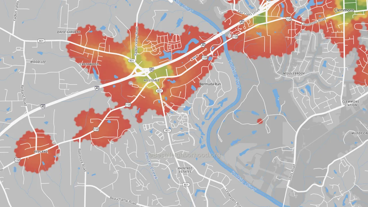 Walk Grade map of Bermuda Run, NC, walkable areas in green and car-dependent areas in red