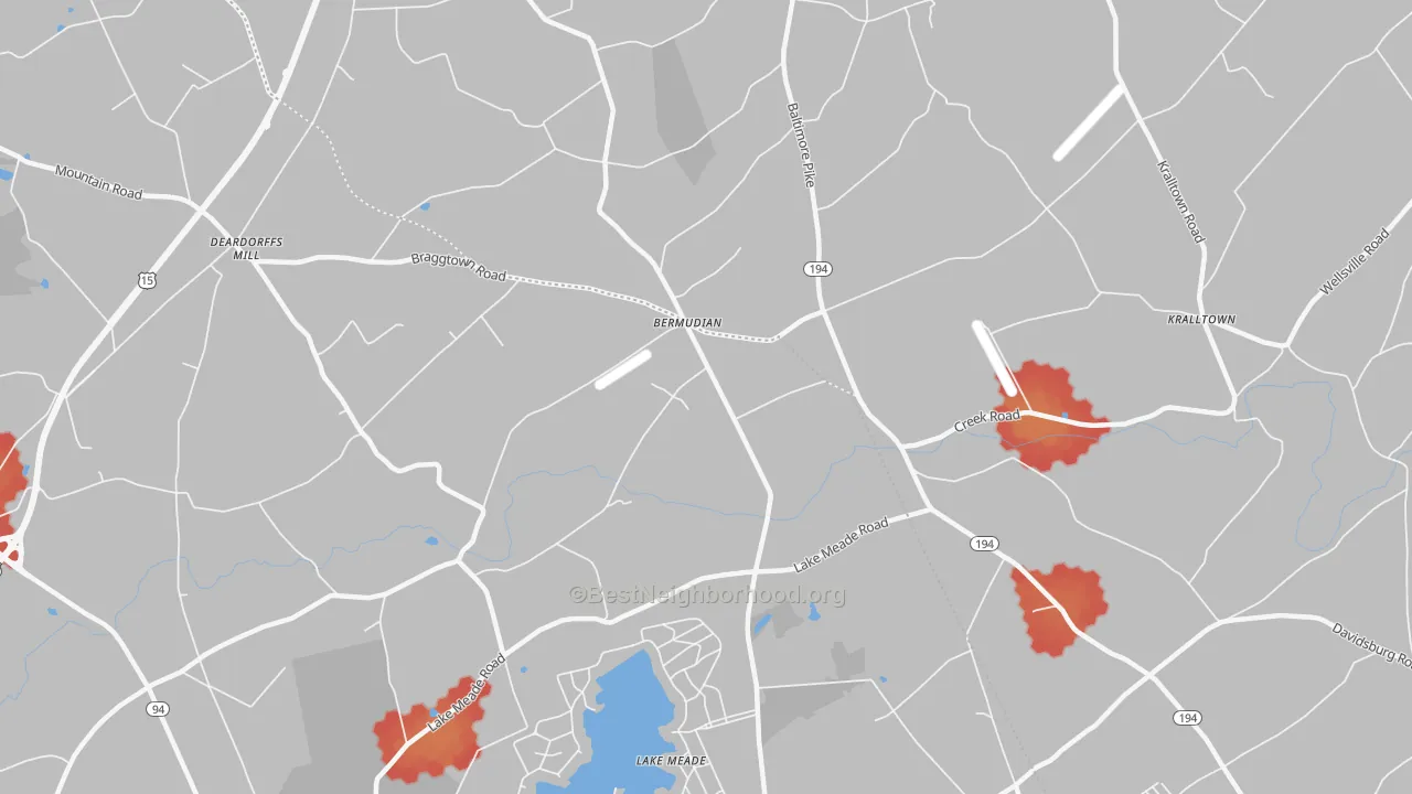 Walk Grade map of Bermudian, PA, walkable areas in green and car-dependent areas in red