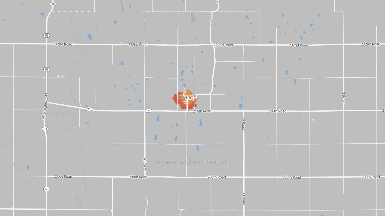 Walk Grade map of Bern, KS, walkable areas in green and car-dependent areas in red