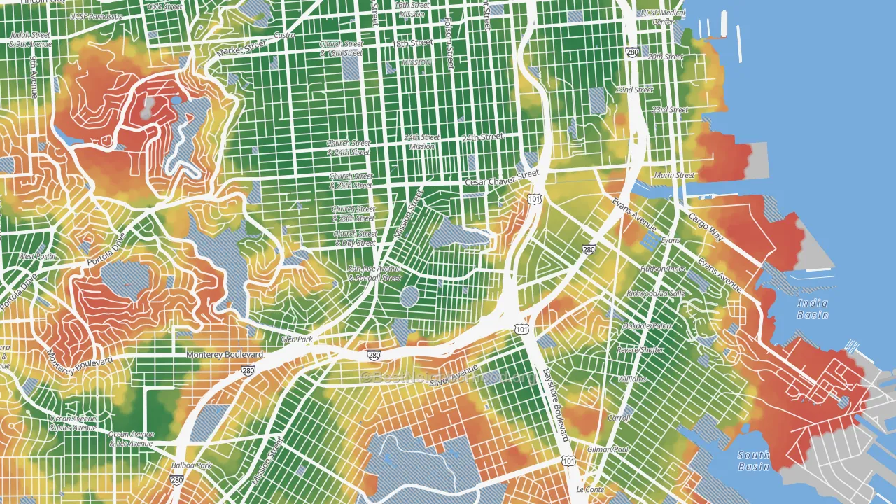 Walk Grade map of Bernal Heights, San Francisco, CA, walkable areas in green and car-dependent areas in red