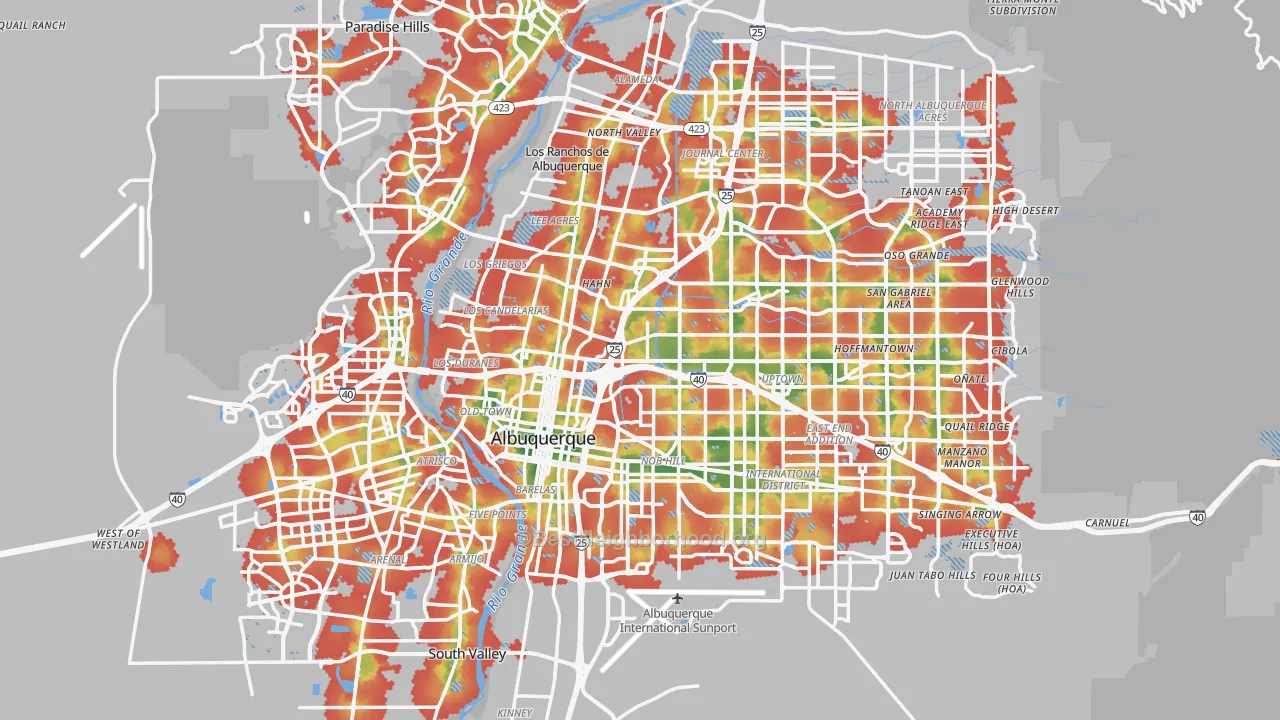 Walk Grade map of Bernalillo County, NM, walkable areas in green and car-dependent areas in red