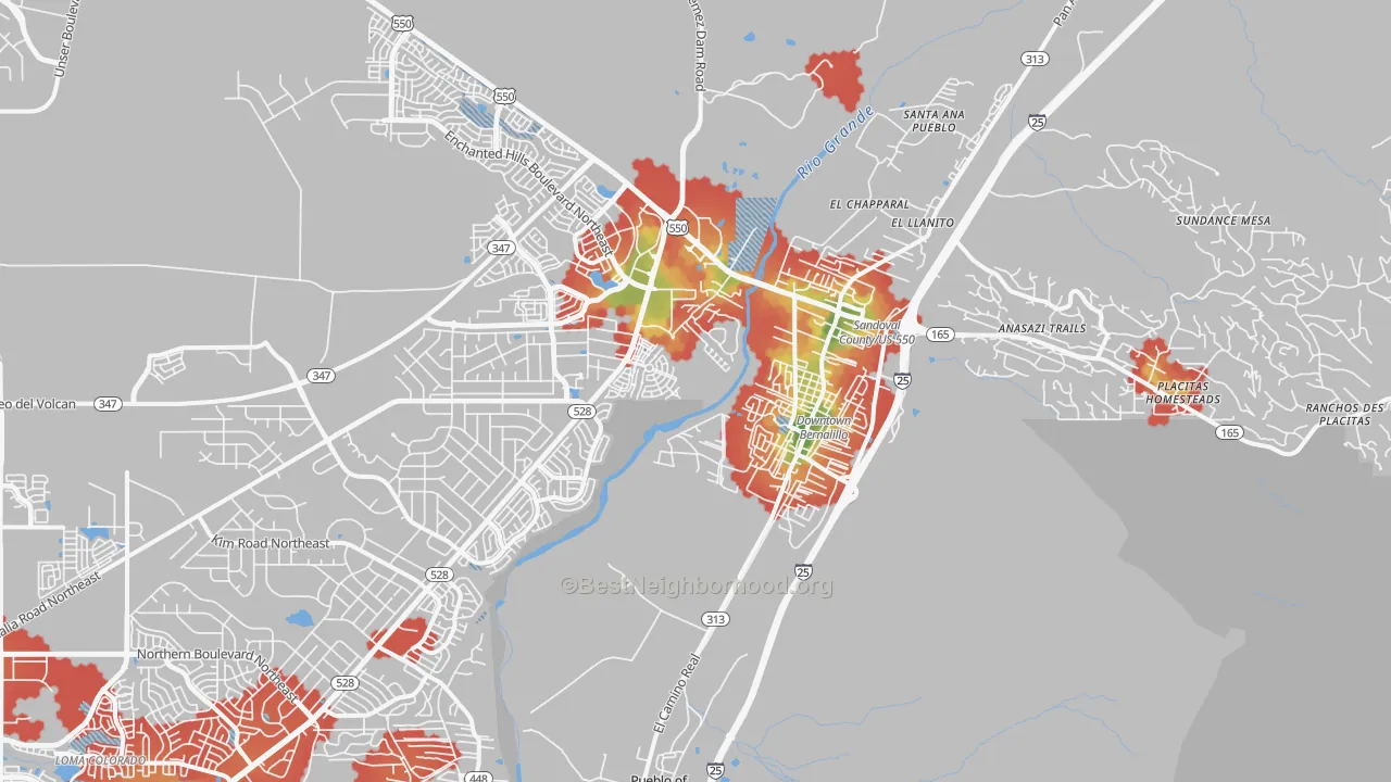 Walk Grade map of Bernalillo, NM, walkable areas in green and car-dependent areas in red