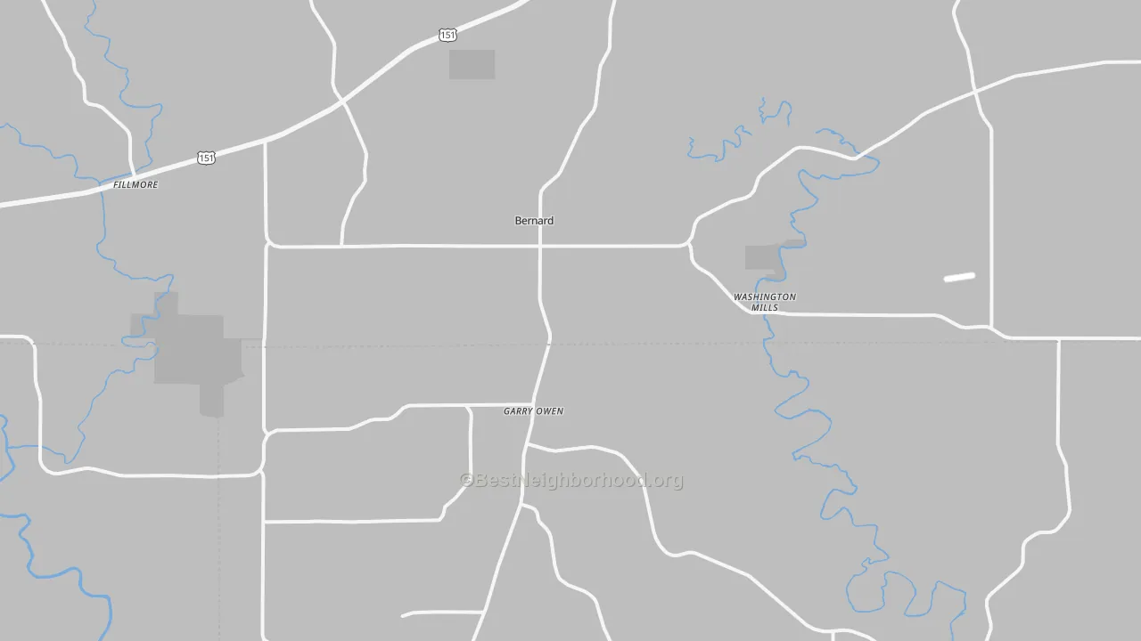 Walk Grade map of Bernard, IA, walkable areas in green and car-dependent areas in red