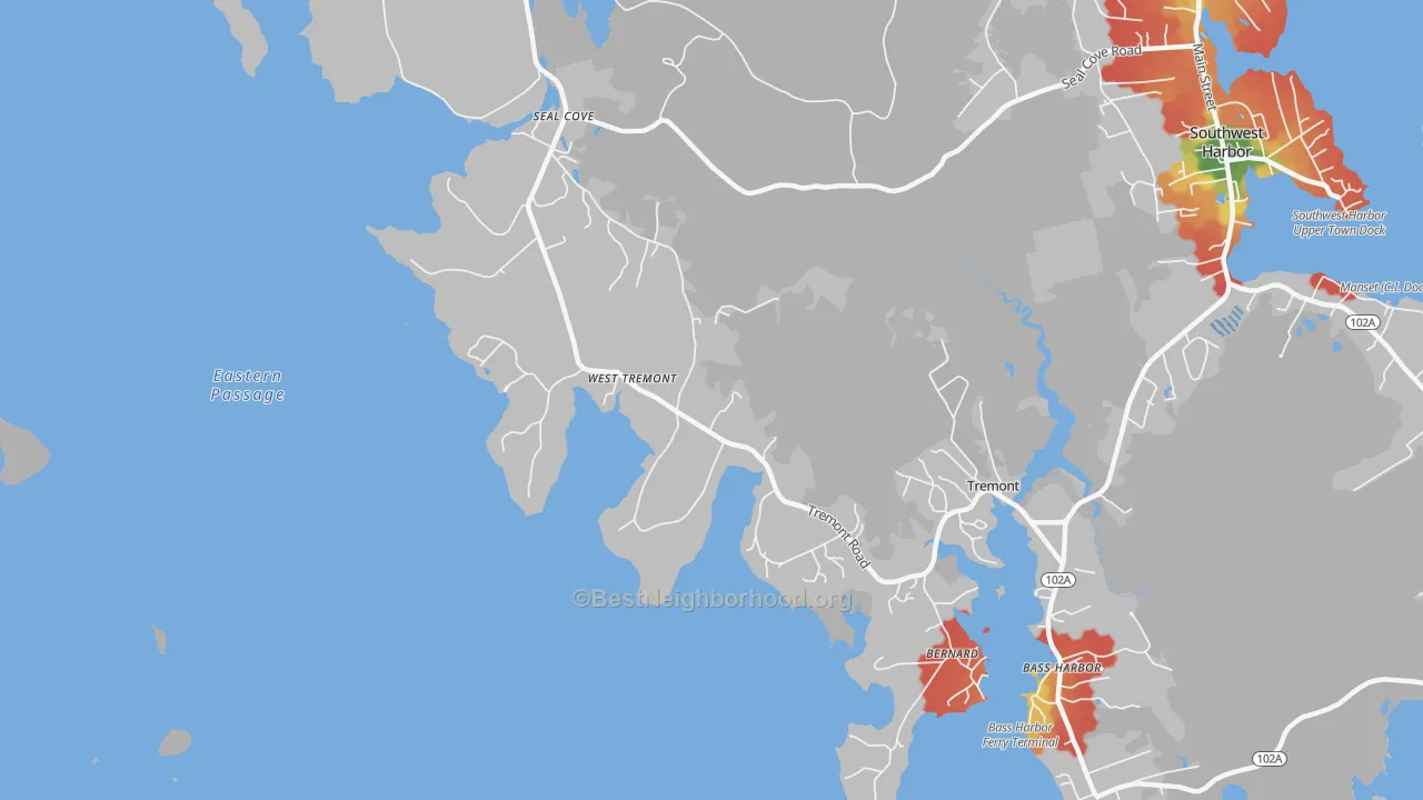 Walk Grade map of Bernard, ME, walkable areas in green and car-dependent areas in red