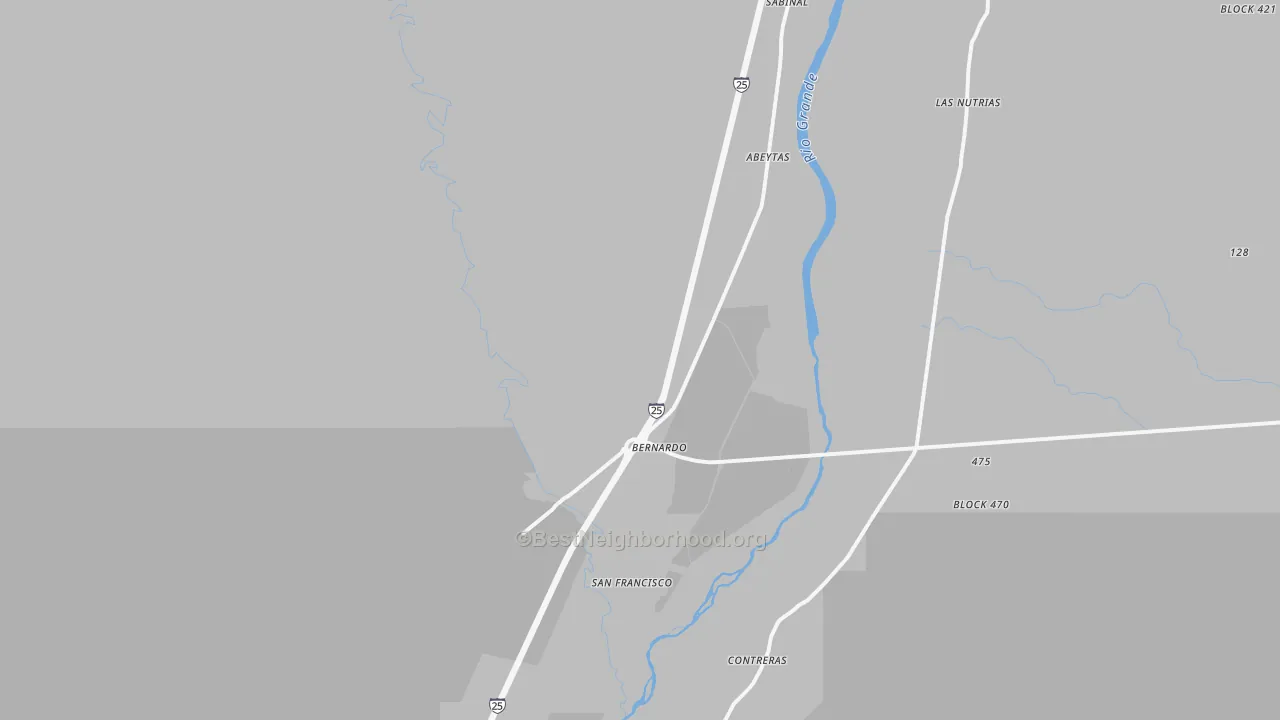 Walk Grade map of Bernardo, NM, walkable areas in green and car-dependent areas in red