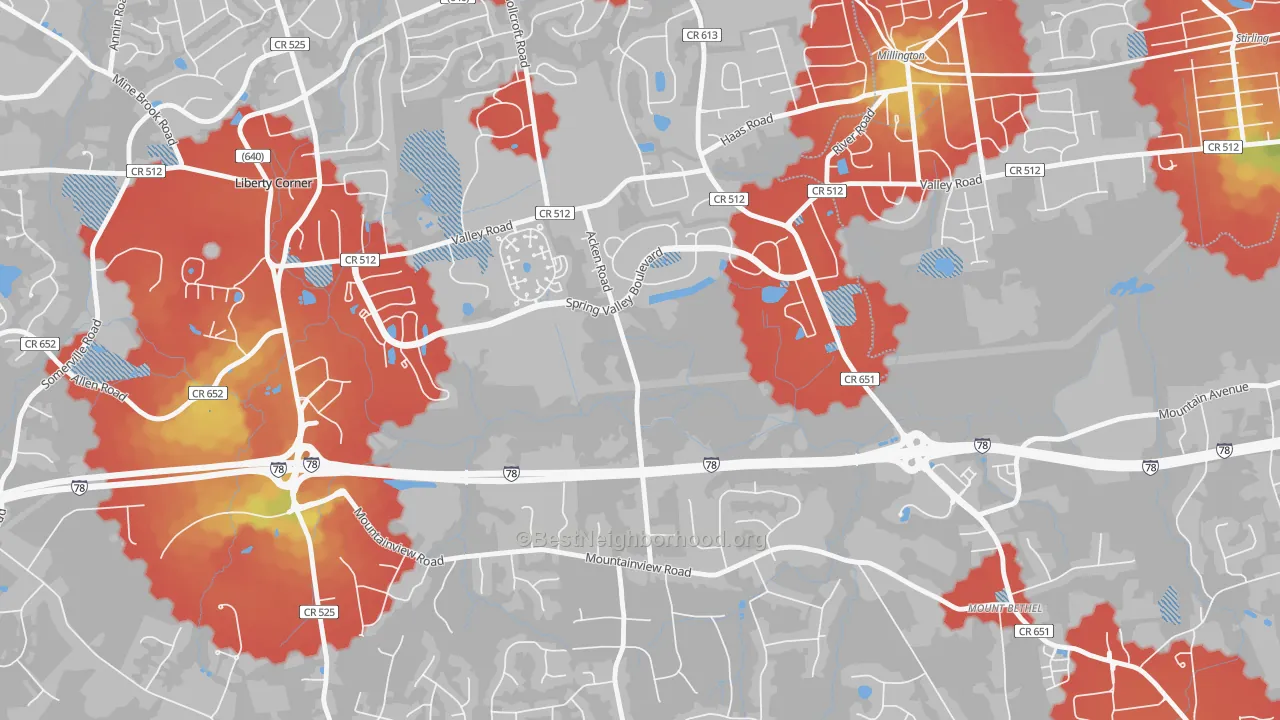 Walk Grade map of Bernards, NJ, walkable areas in green and car-dependent areas in red