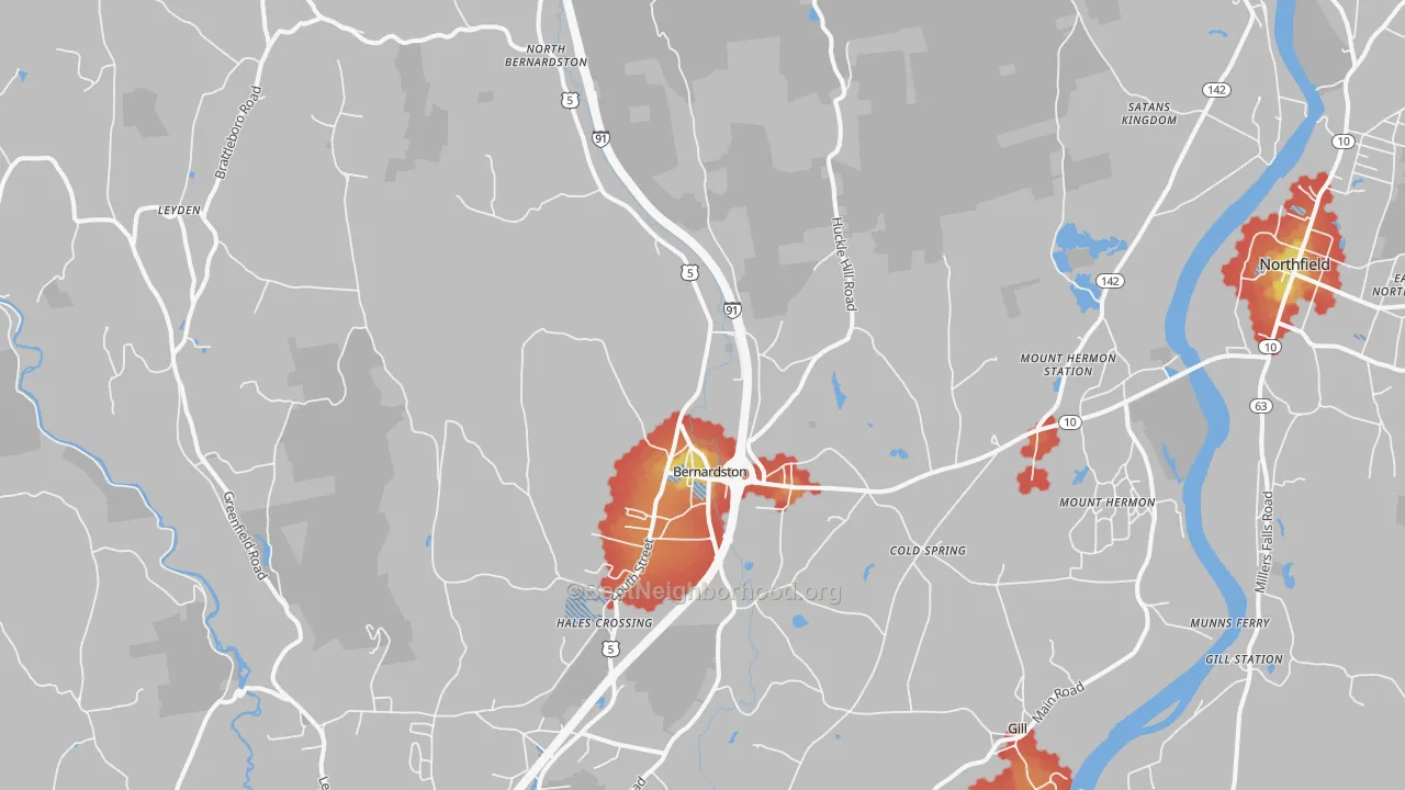 Walk Grade map of Bernardston, MA, walkable areas in green and car-dependent areas in red