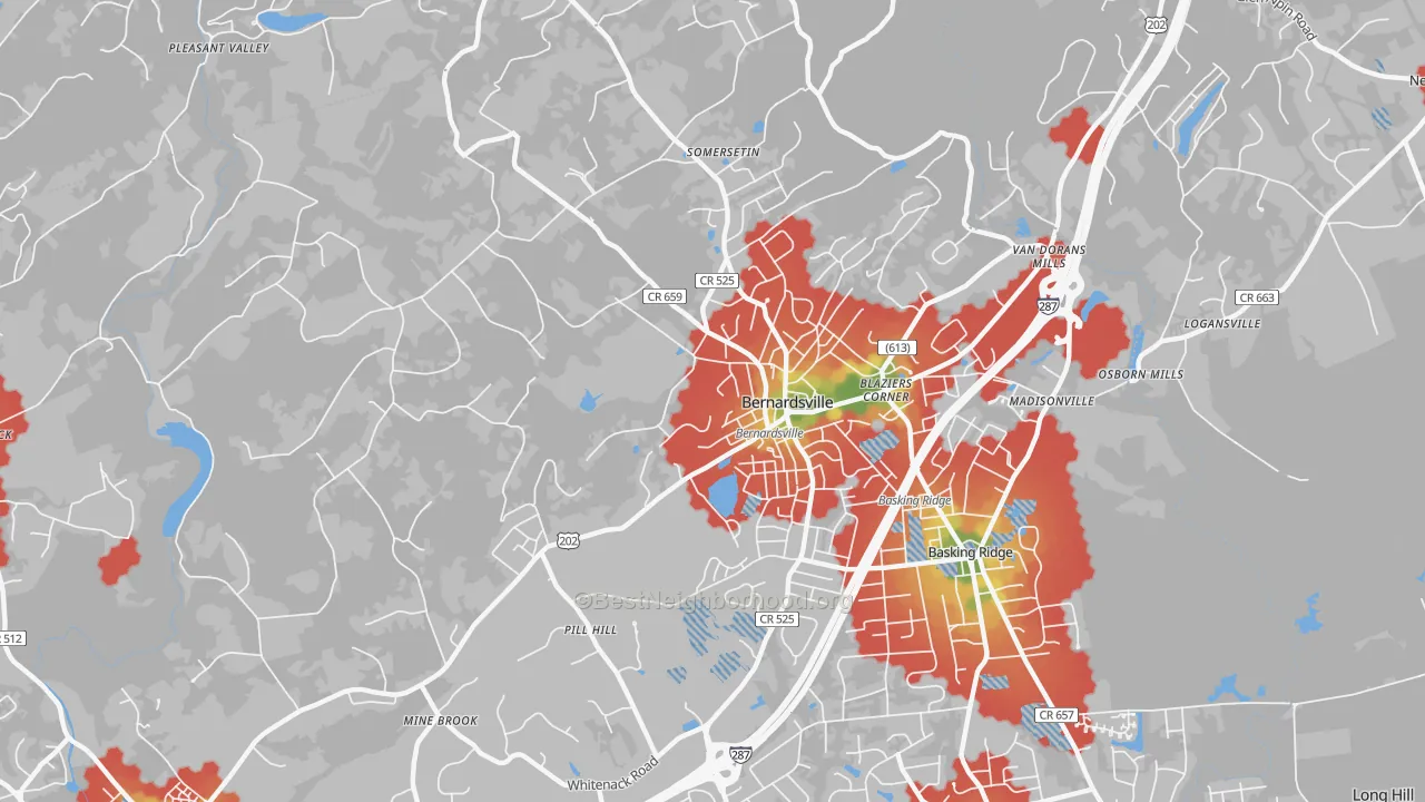 Walk Grade map of Bernardsville, NJ, walkable areas in green and car-dependent areas in red