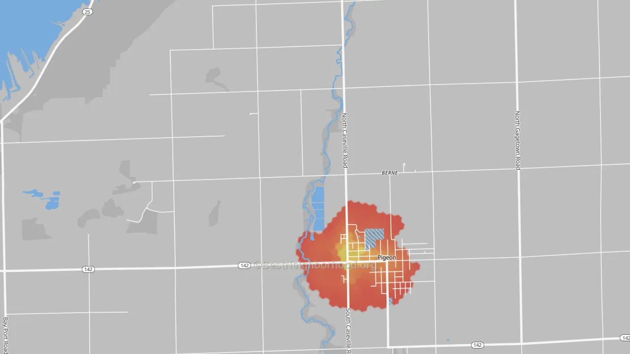 Walk Grade map of Berne, MI, walkable areas in green and car-dependent areas in red