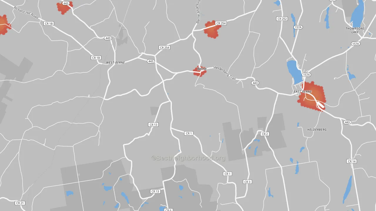 Walk Grade map of Berne, NY, walkable areas in green and car-dependent areas in red