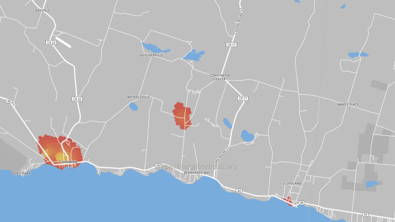 Walk Grade map of Bernhards Bay, NY, walkable areas in green and car-dependent areas in red