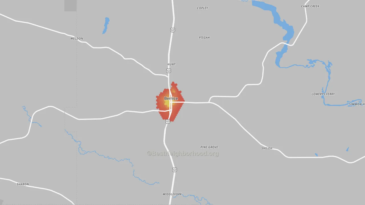 Walk Grade map of Bernice, LA, walkable areas in green and car-dependent areas in red