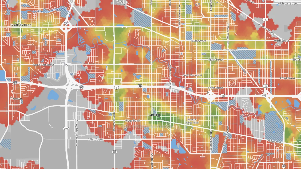 Walk Grade map of Bernice, Lansing, IL, walkable areas in green and car-dependent areas in red