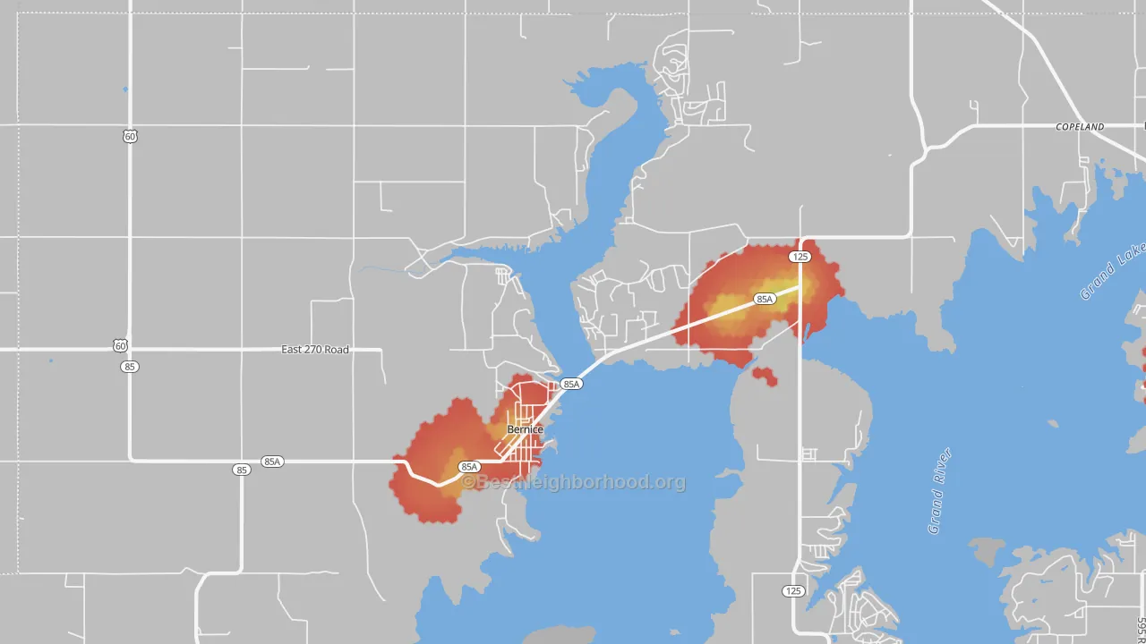 Walk Grade map of Bernice, OK, walkable areas in green and car-dependent areas in red