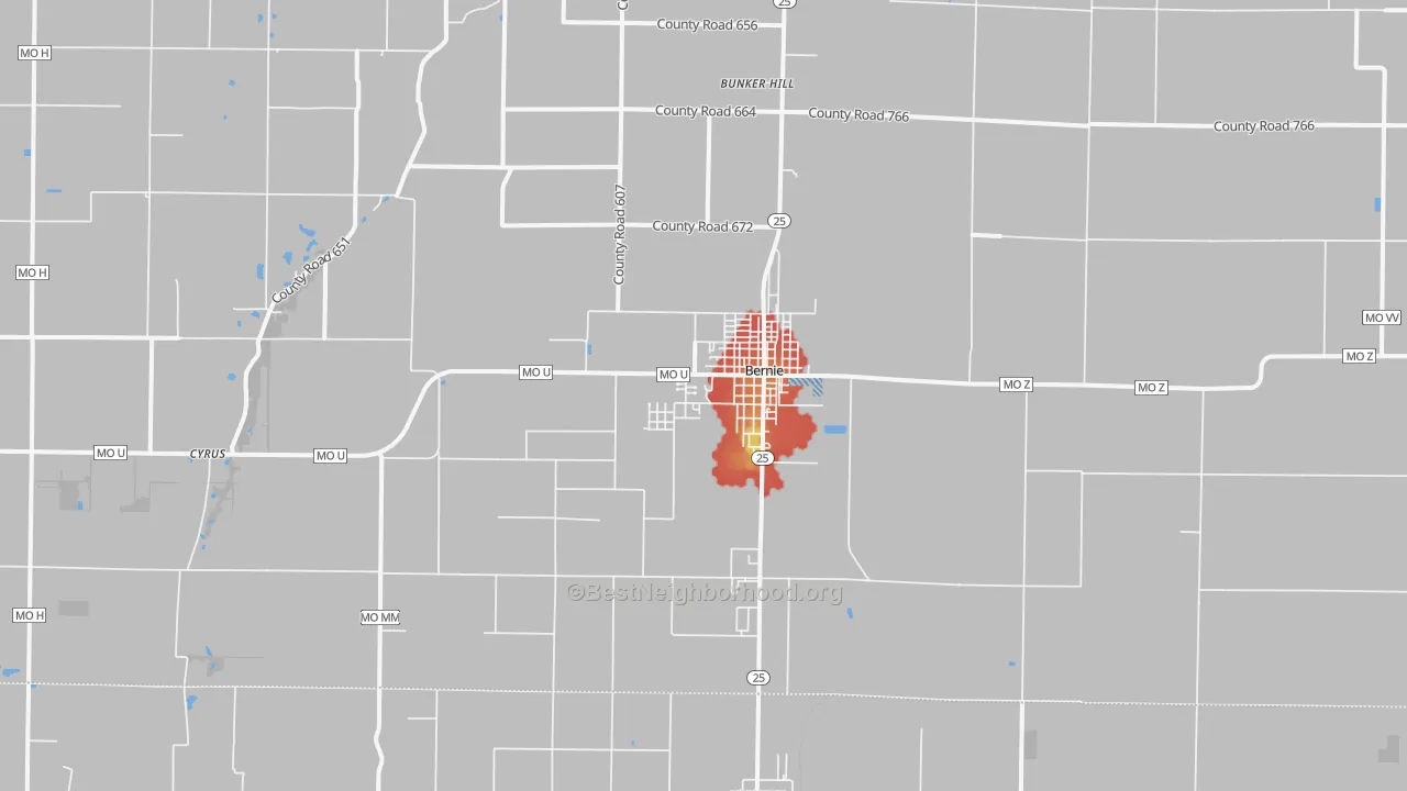 Walk Grade map of Bernie, MO, walkable areas in green and car-dependent areas in red