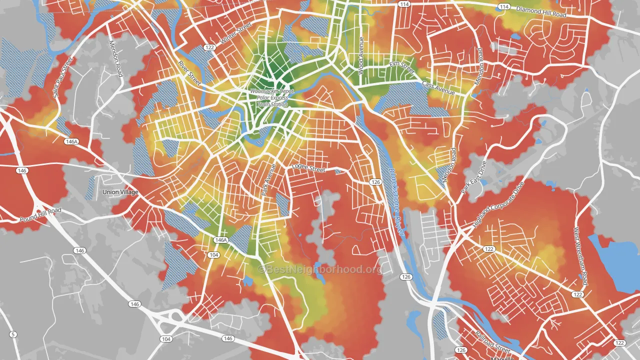 Walk Grade map of Bernon Heights, Woonsocket, RI, walkable areas in green and car-dependent areas in red