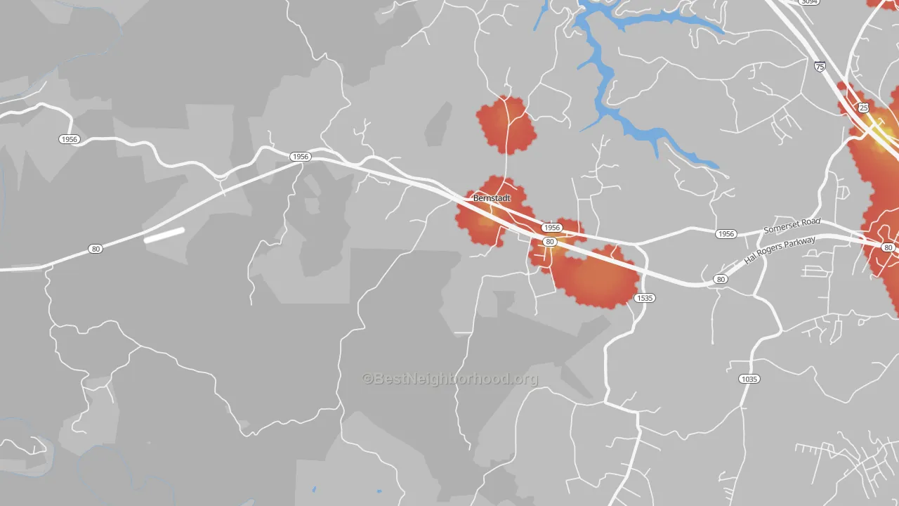 Walk Grade map of Bernstadt, KY, walkable areas in green and car-dependent areas in red