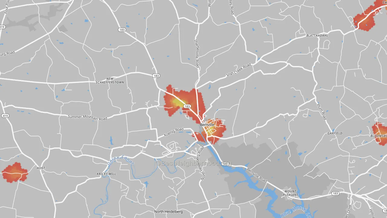 Walk Grade map of Bernville, PA, walkable areas in green and car-dependent areas in red