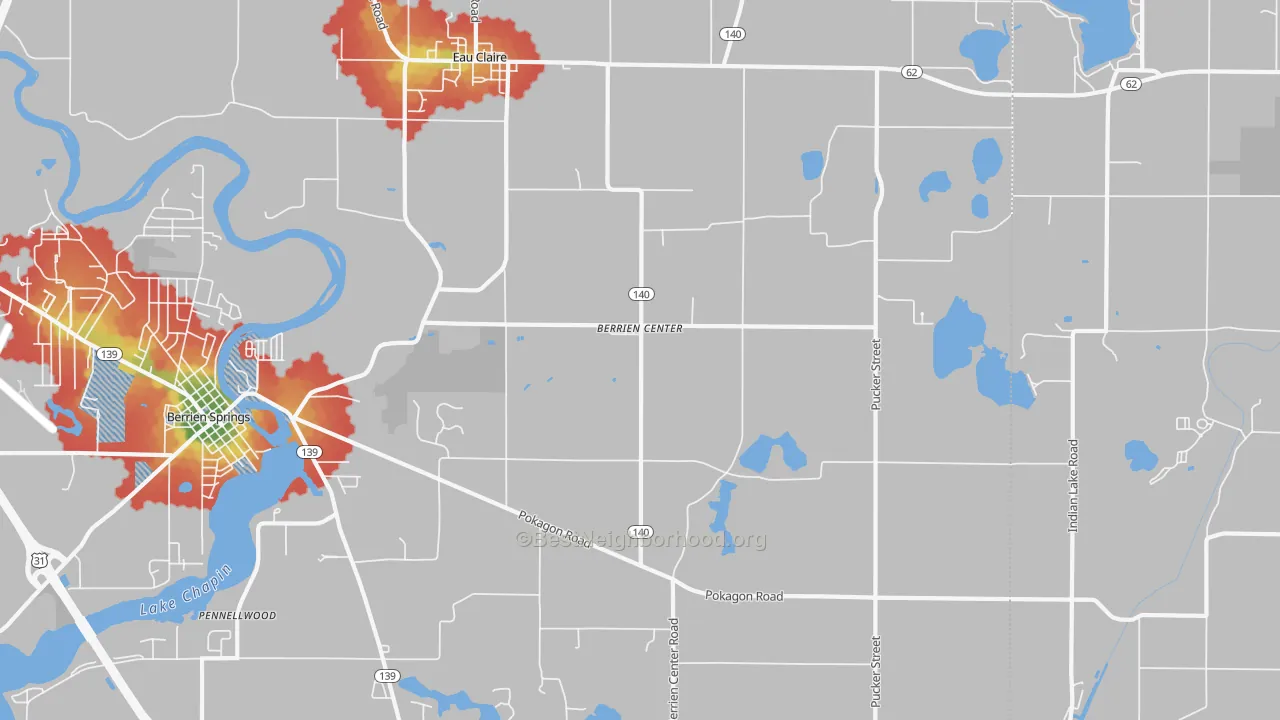 Walk Grade map of Berrien Center, MI, walkable areas in green and car-dependent areas in red