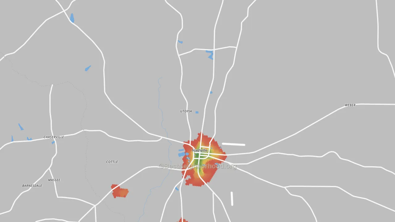 Walk Grade map of Berrien County, GA, walkable areas in green and car-dependent areas in red