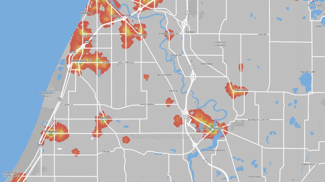 Walk Grade map of Berrien County, MI, walkable areas in green and car-dependent areas in red