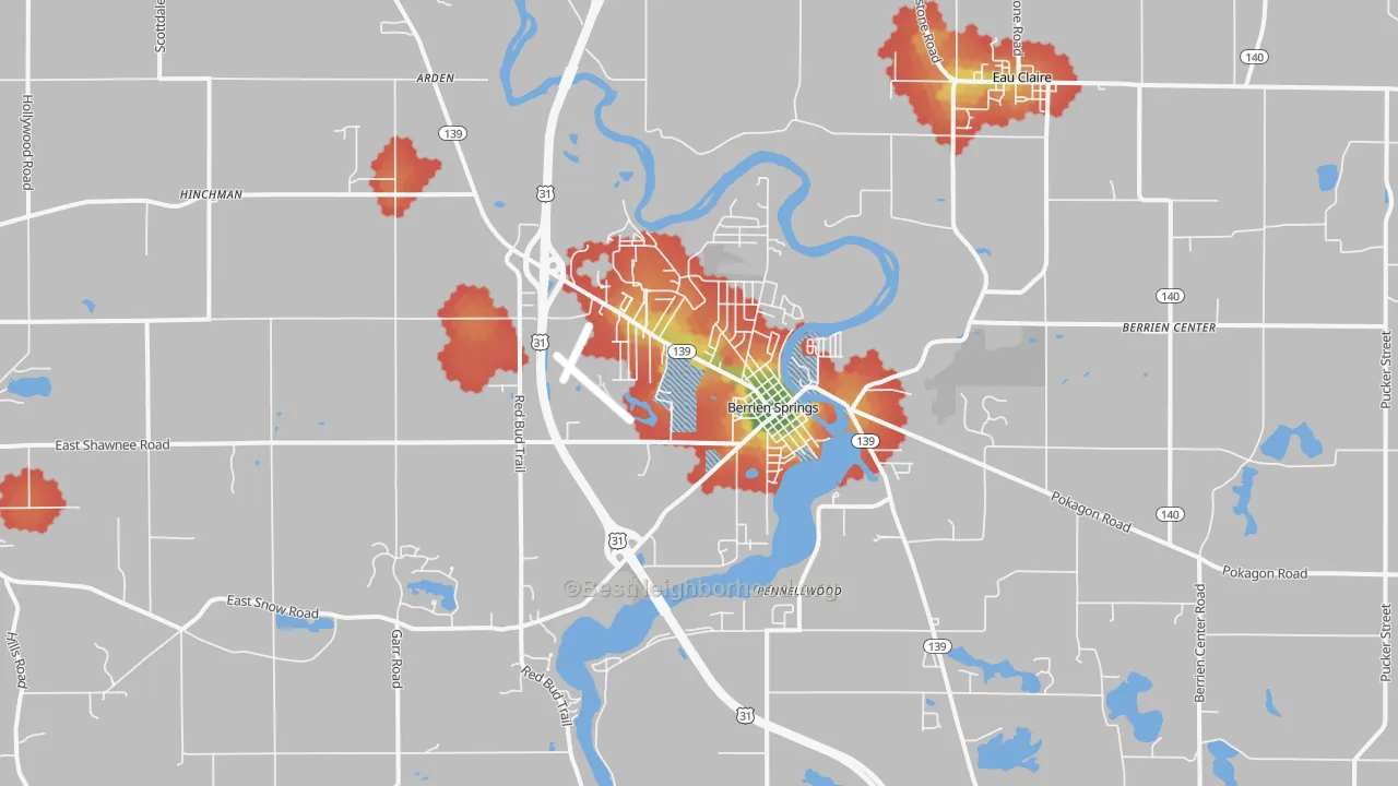 Walk Grade map of Berrien Springs, MI, walkable areas in green and car-dependent areas in red