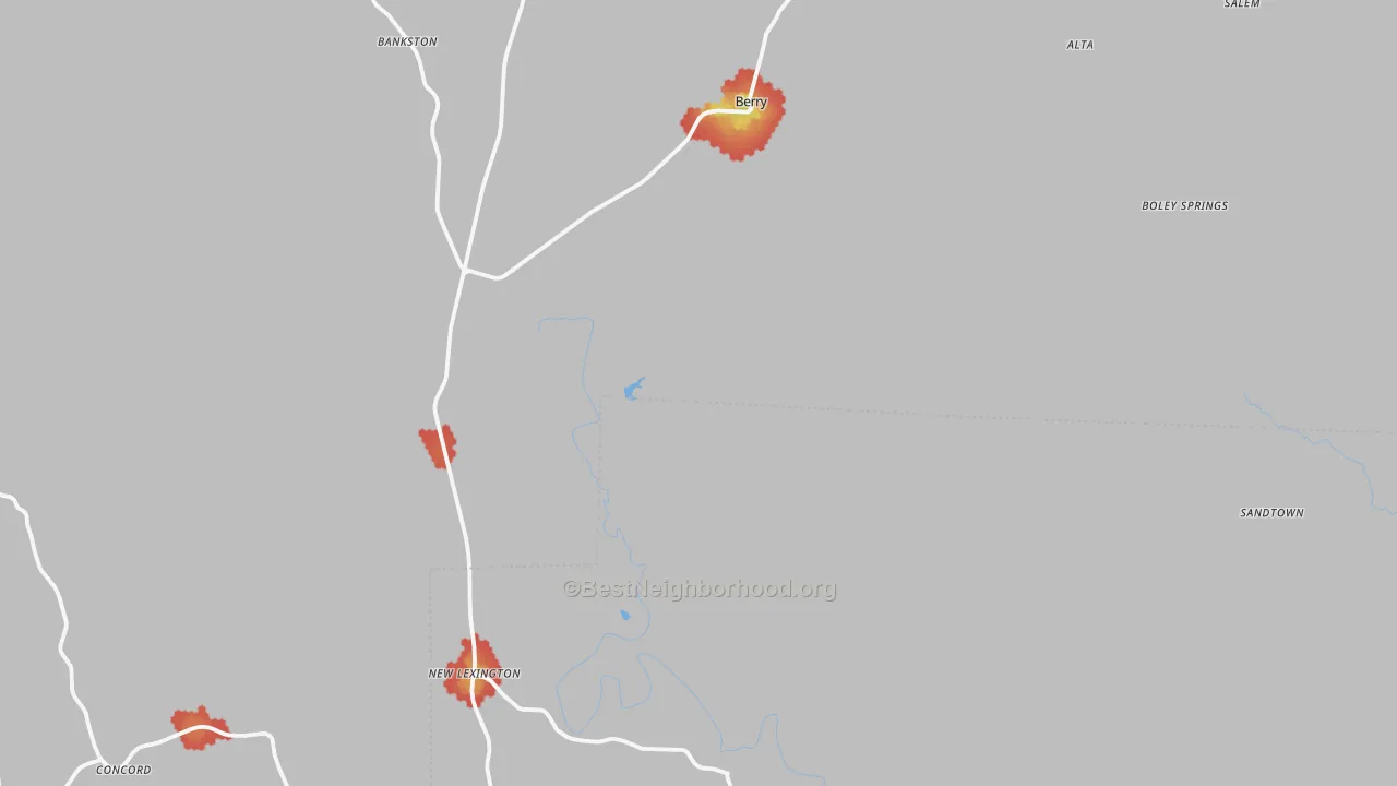 Walk Grade map of Berry, AL, walkable areas in green and car-dependent areas in red