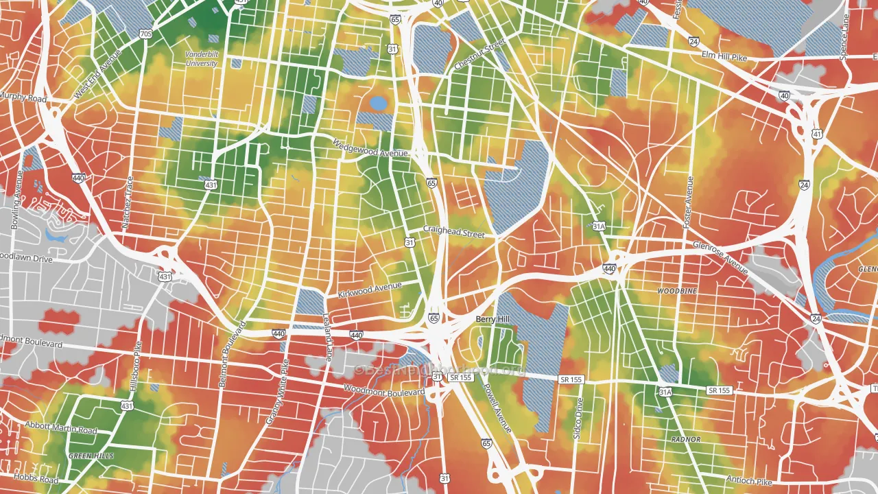 Walk Grade map of Berry Hill, TN, walkable areas in green and car-dependent areas in red