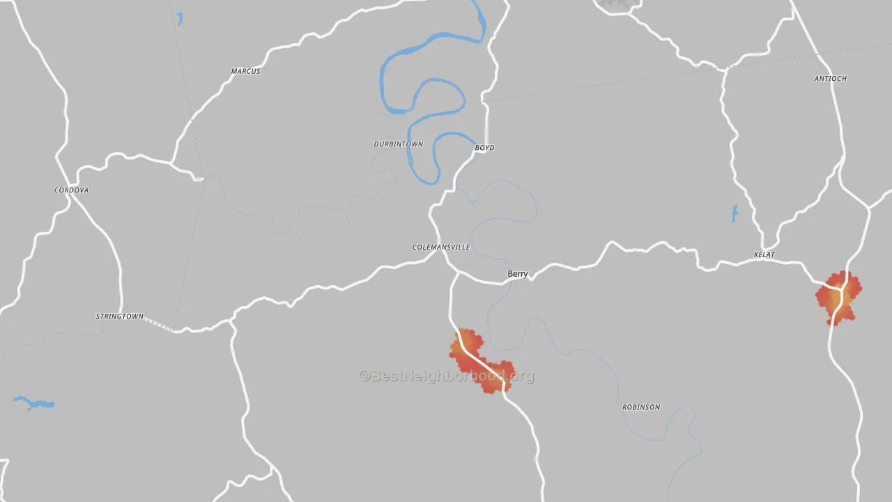 Walk Grade map of Berry, KY, walkable areas in green and car-dependent areas in red