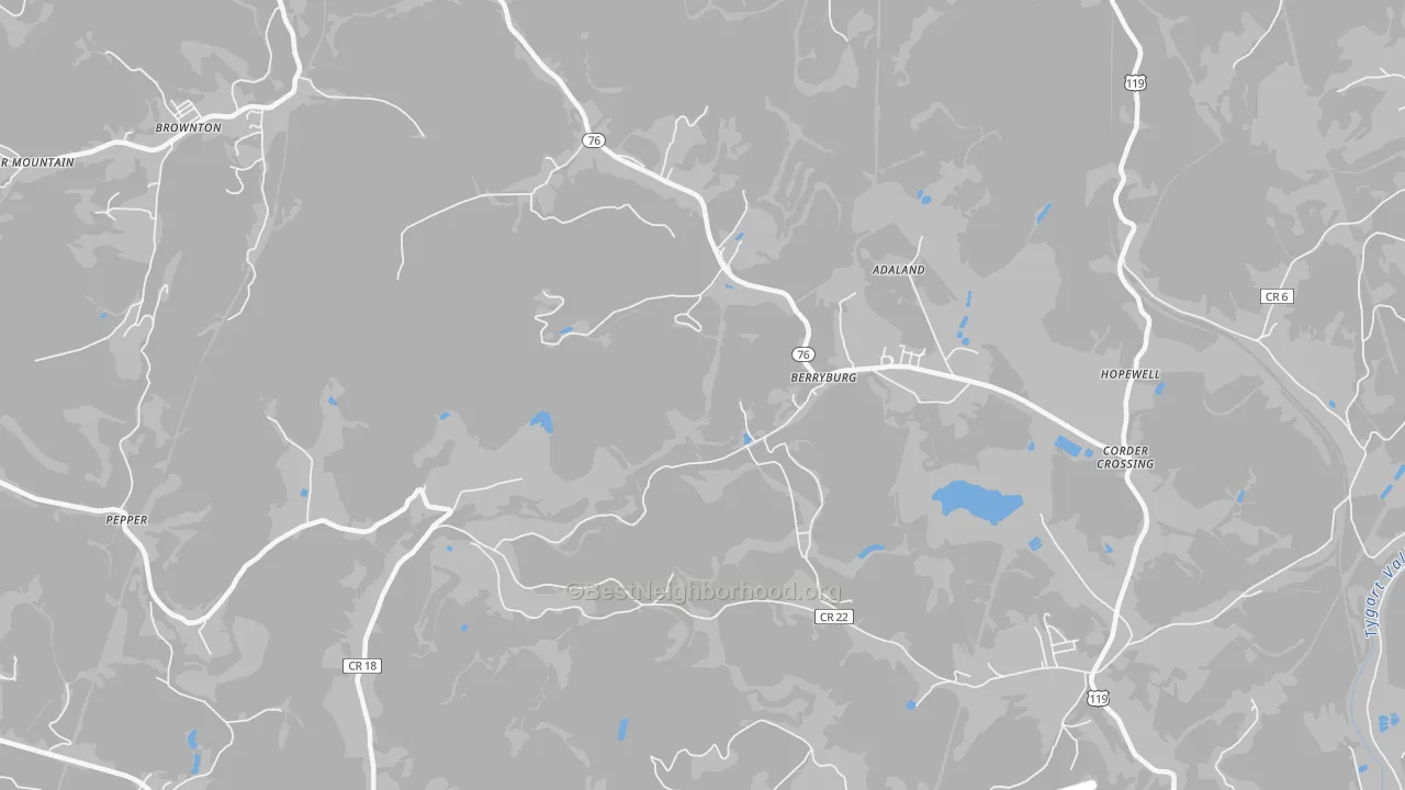Walk Grade map of Berryburg, WV, walkable areas in green and car-dependent areas in red