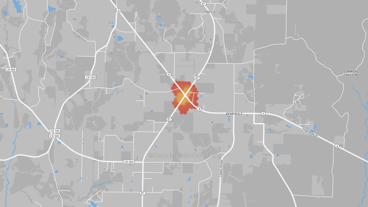 Walk Grade map of Berrydale, FL, walkable areas in green and car-dependent areas in red