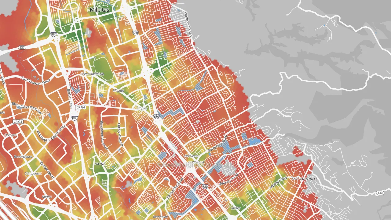 Walk Grade map of Berryessa, San Jose, CA, walkable areas in green and car-dependent areas in red