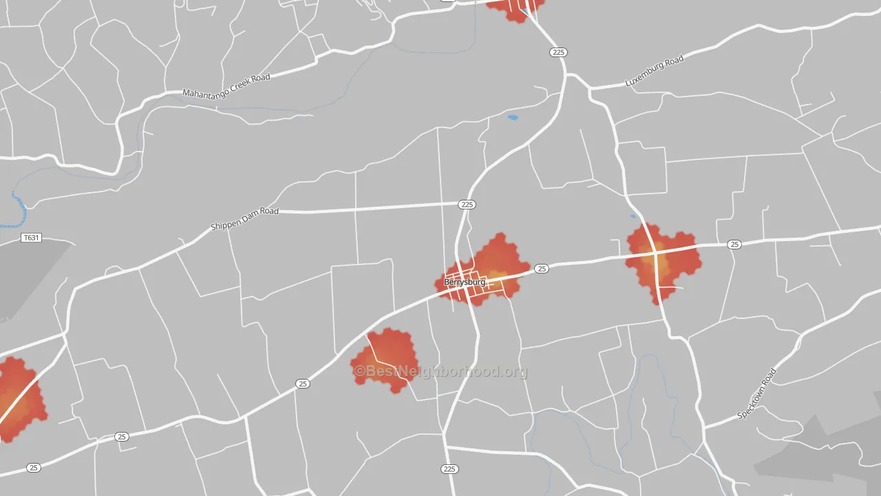 Walk Grade map of Berrysburg, PA, walkable areas in green and car-dependent areas in red