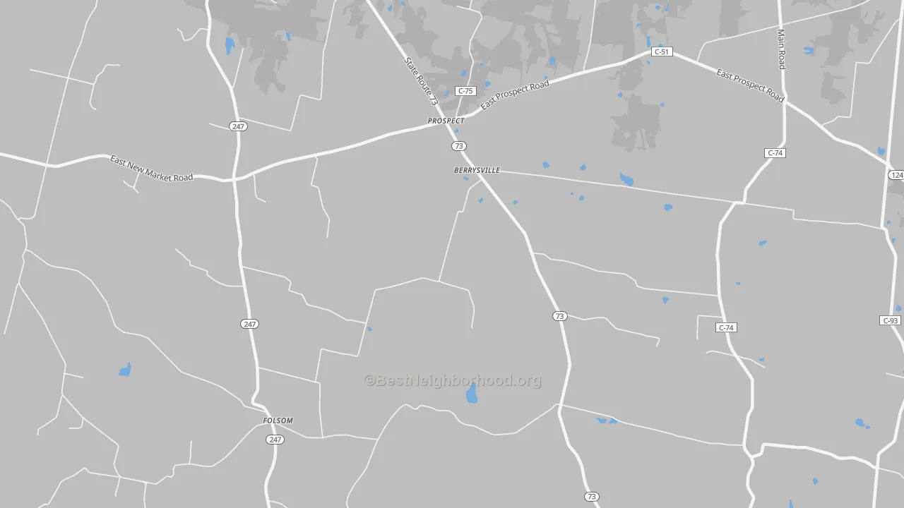Walk Grade map of Berrysville, OH, walkable areas in green and car-dependent areas in red