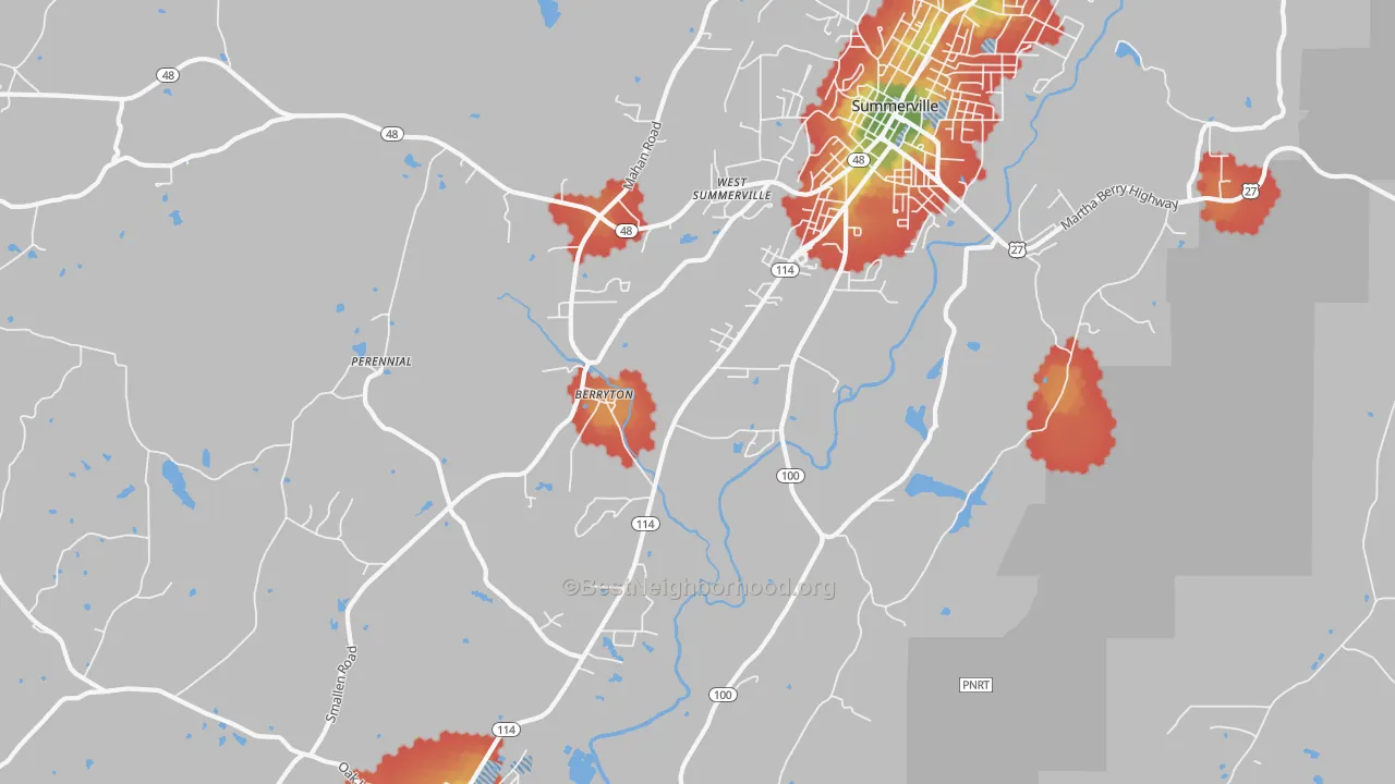 Walk Grade map of Berryton, GA, walkable areas in green and car-dependent areas in red