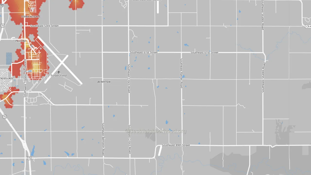 Walk Grade map of Berryton, KS, walkable areas in green and car-dependent areas in red