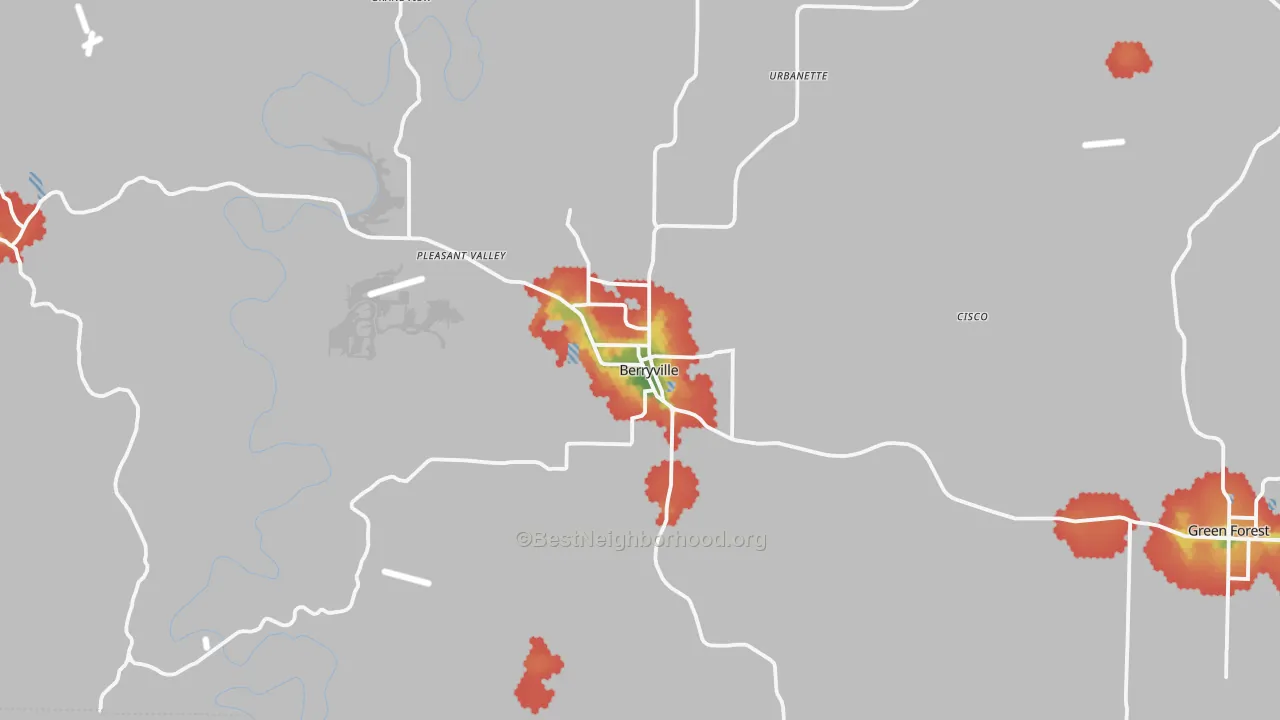 Walk Grade map of Berryville, AR, walkable areas in green and car-dependent areas in red