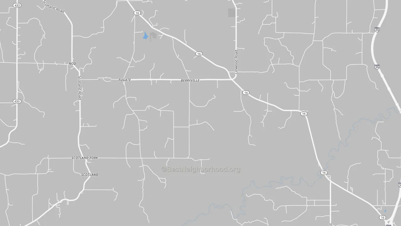 Walk Grade map of Berryville, MS, walkable areas in green and car-dependent areas in red